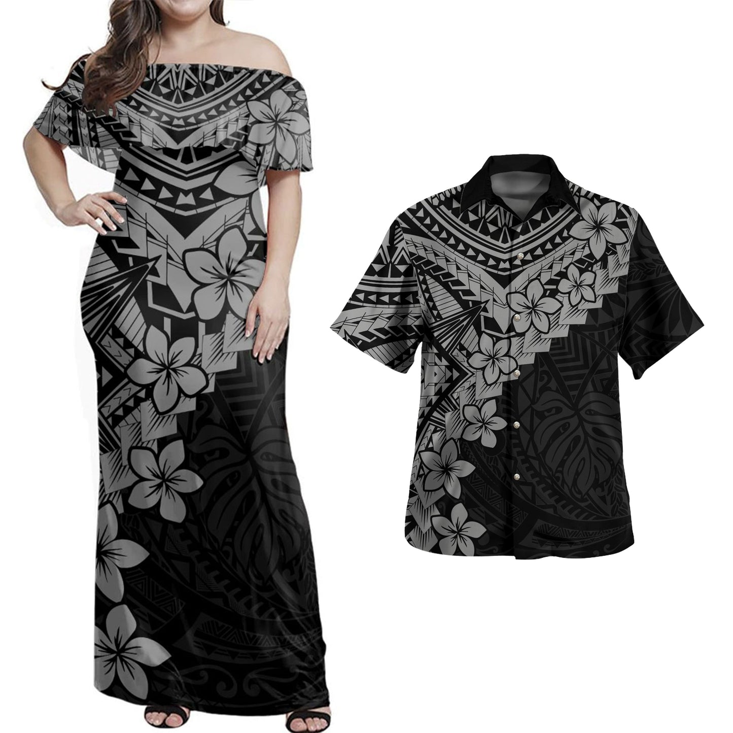 Hawaii Combo Dress And Shirt Monochrome Polynesian Tribal Bloom
