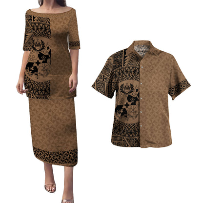 Tonga Combo Puletasi And Shirt Coat Of Arms Ngatu Tapa Heritage Style