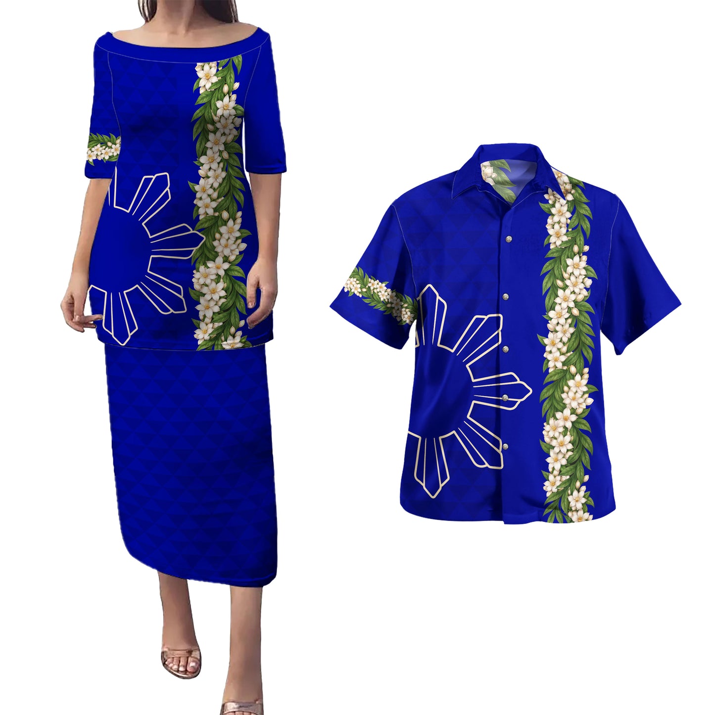 Philippines Filipinos Combo Puletasi And Shirt Sampaguita Flower Sun Pattern Island Style