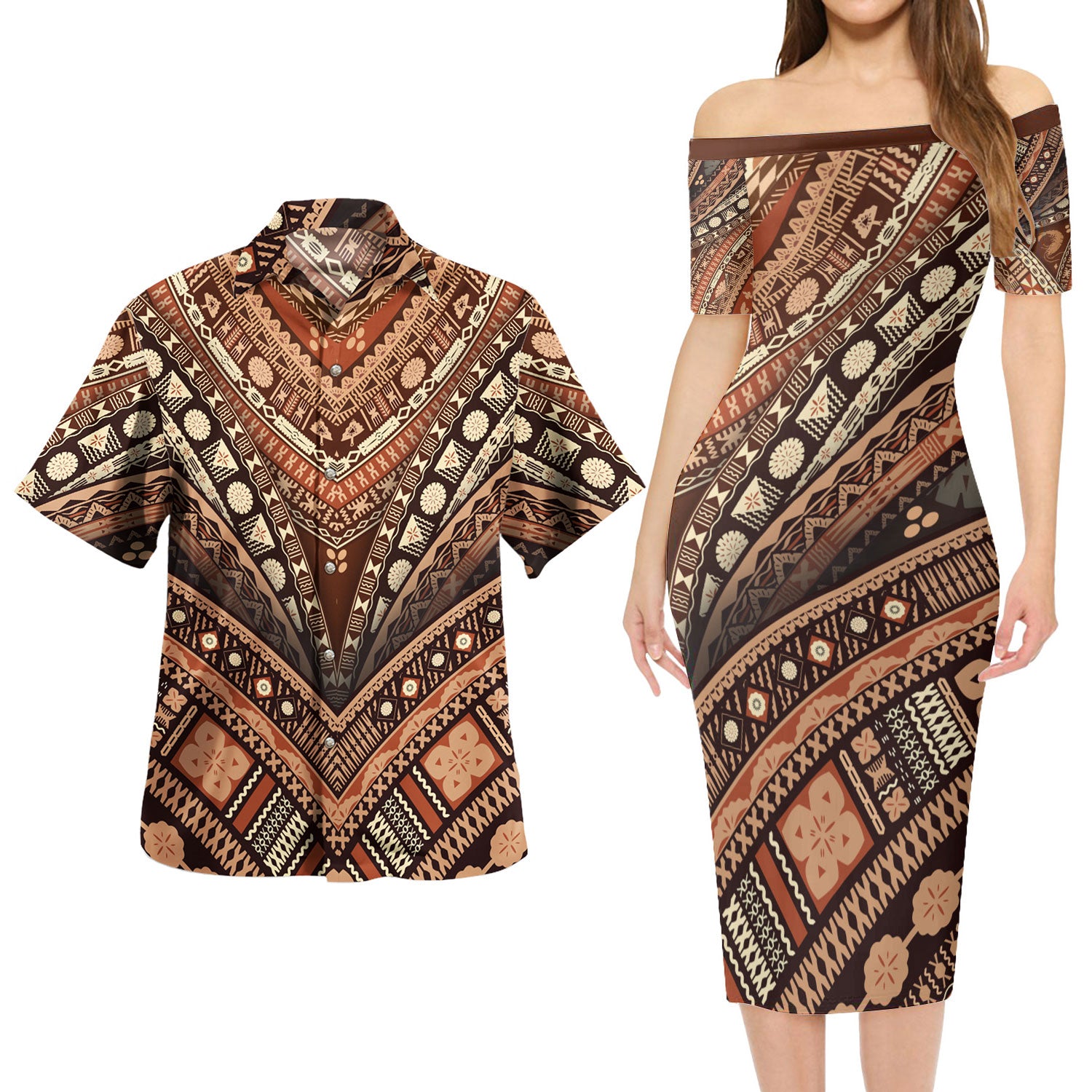 Polynesian Patterns Vintage Style Short Sleeve Dress And Shirt