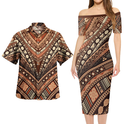 Polynesian Patterns Vintage Style Short Sleeve Dress And Shirt