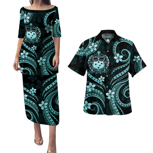 Samoa Combo Puletasi And Shirt Turquoise Island Crest Floral Style