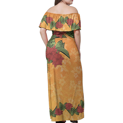 Polynesian Off Shoulder Long Dress Tropical Flowers Polynesian Tribal Motif