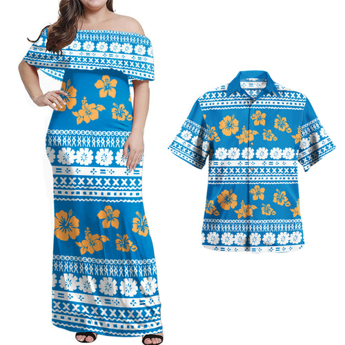 Fiji Combo Off Shoulder Long Dress And Shirt Tapa Flower Fabric Print