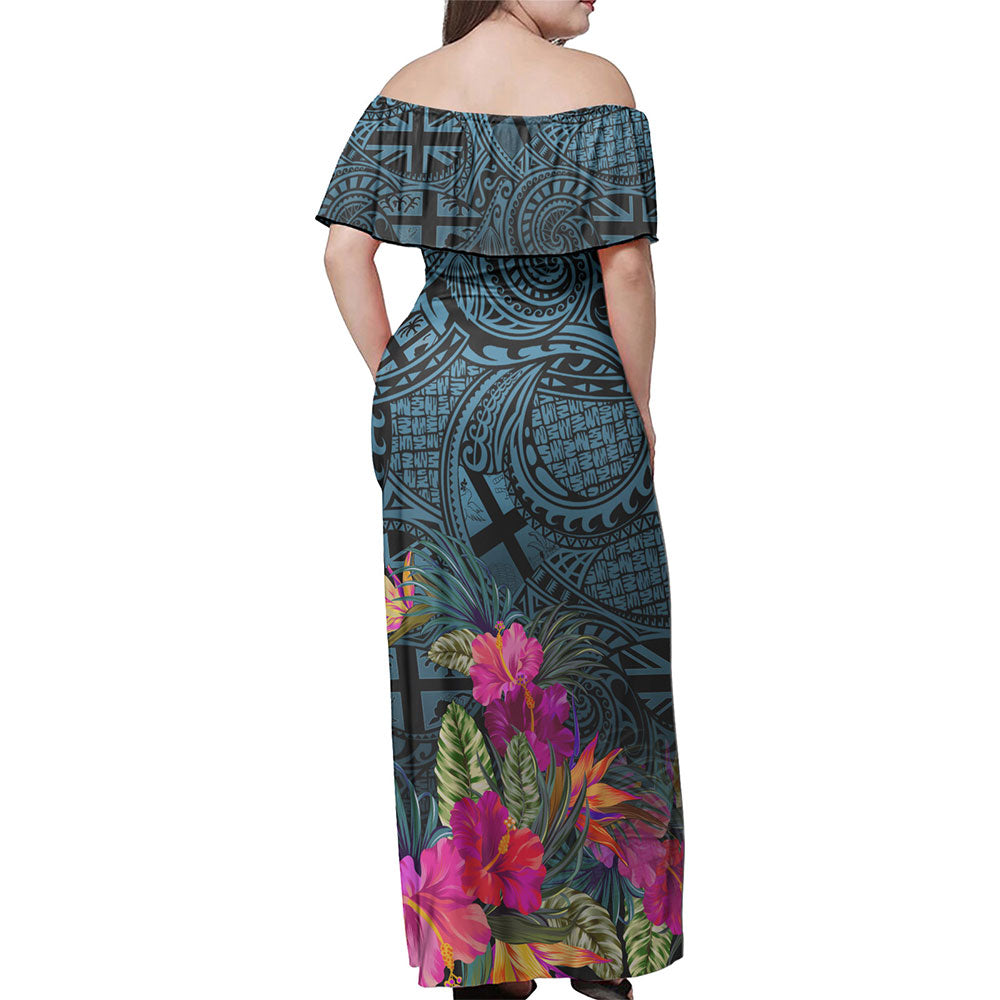 Fiji Woman Off Shoulder Long Dress Fiji Seal With Tapa Patterns Tropical Flowers Design