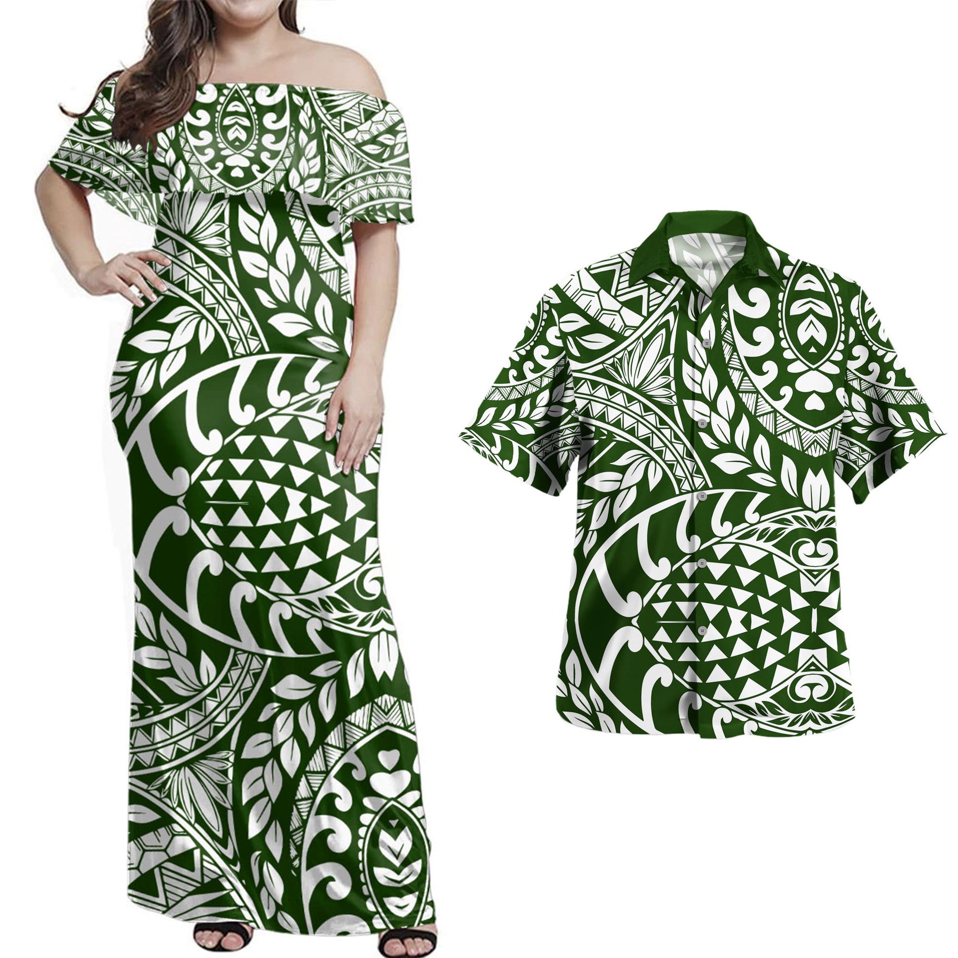 Polynesia Combo Dress And Shirt Tribal Print Fabric Leave
