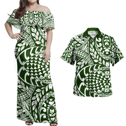 Polynesia Combo Dress And Shirt Tribal Print Fabric Leave