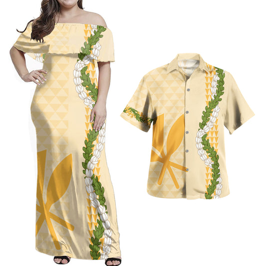 Hawaii Polynesian Combo Dress And Shirt Kanaka Maoli Puakenikeni Maile Flower Lei