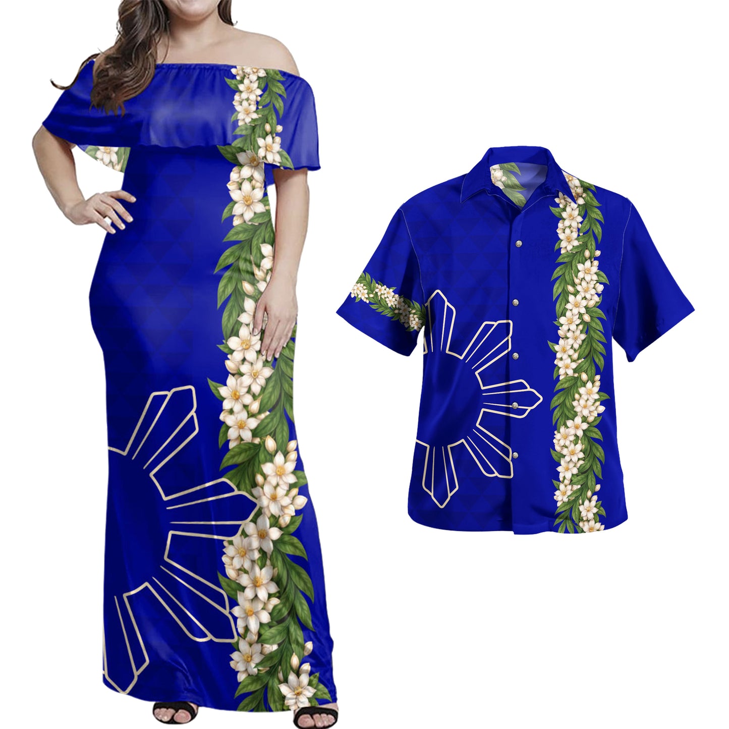 Philippines Filipinos Combo Dress And Shirt Sampaguita Flower Sun Pattern Island Style
