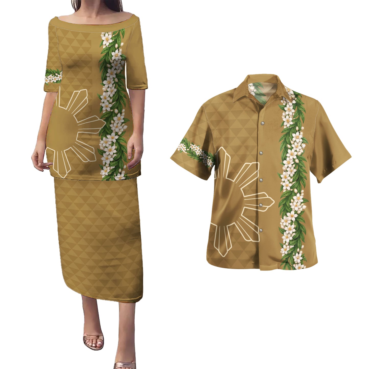 Philippines Filipinos Combo Puletasi And Shirt Sampaguita Flower Sun Pattern Island Style