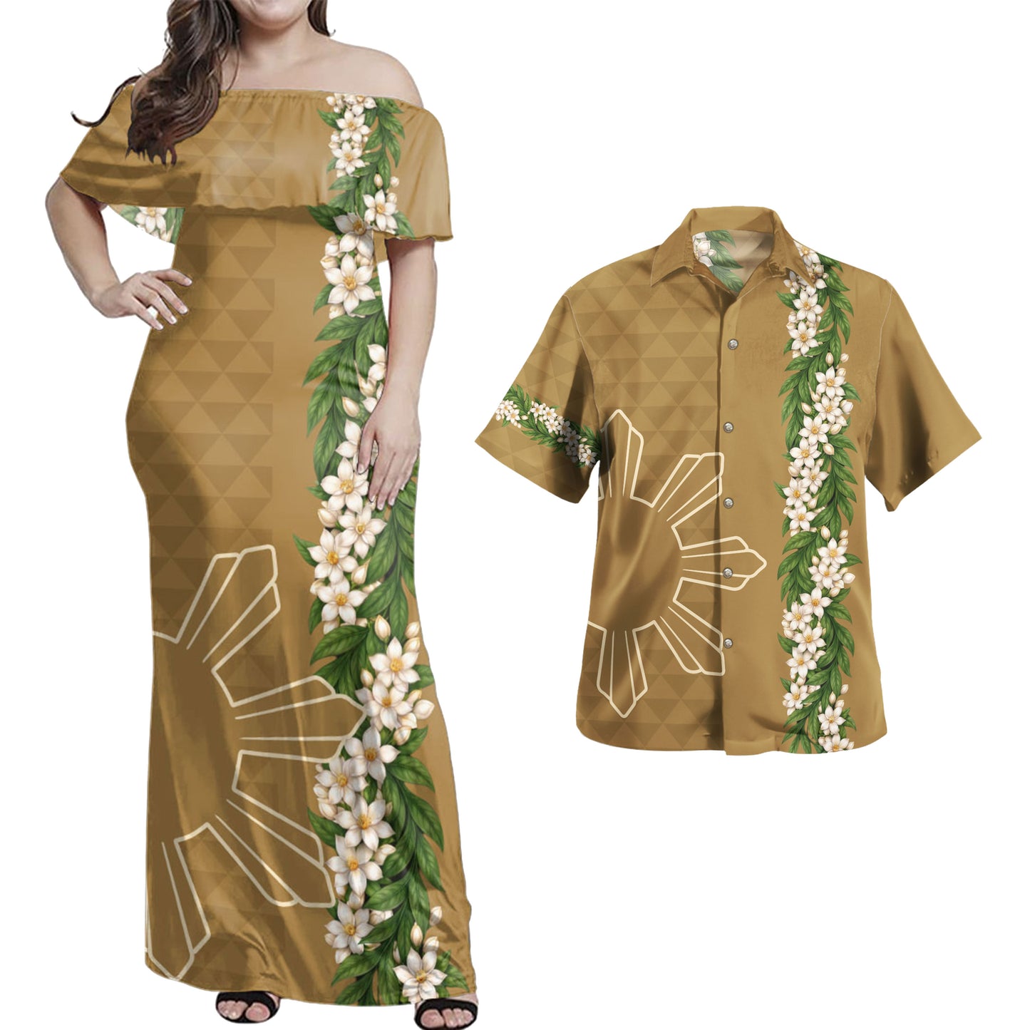 Philippines Filipinos Combo Dress And Shirt Sampaguita Flower Sun Pattern Island Style