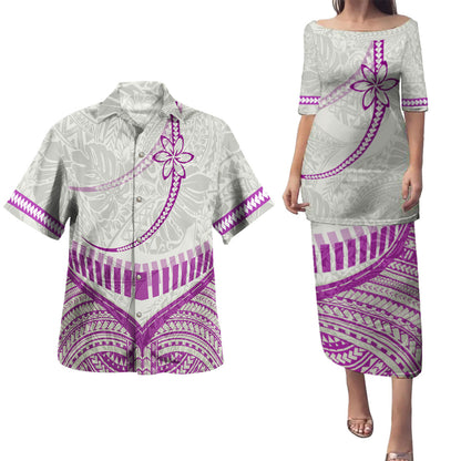 Polynesian Patterns Plumeria Flowers Curve Style Puletasi And Shirt