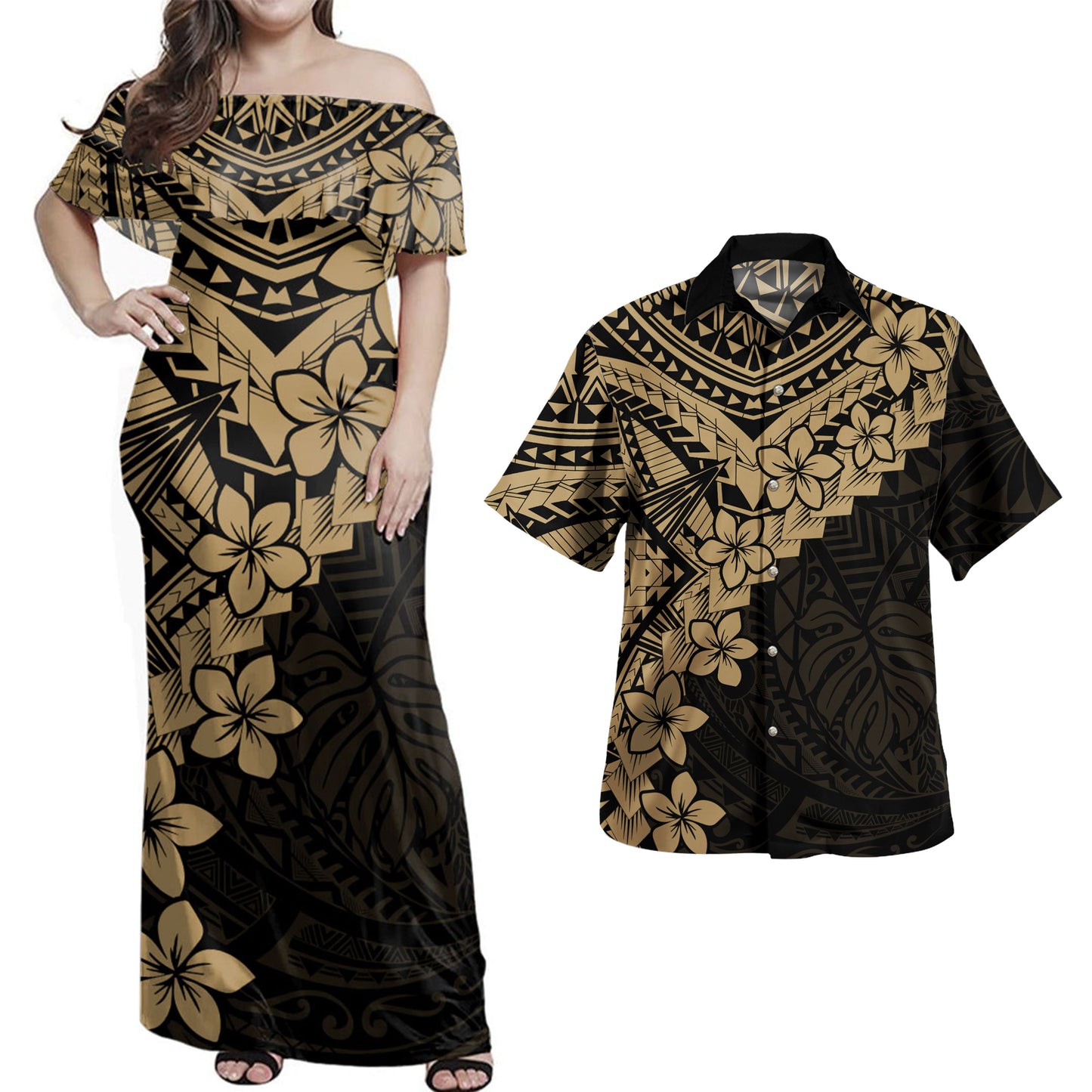 Hawaii Combo Dress And Shirt Monochrome Polynesian Tribal Bloom