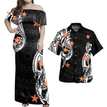 Hawaii Polynesian Combo Dress And Shirt Black White Polynesia Plumeria Floral Island Style