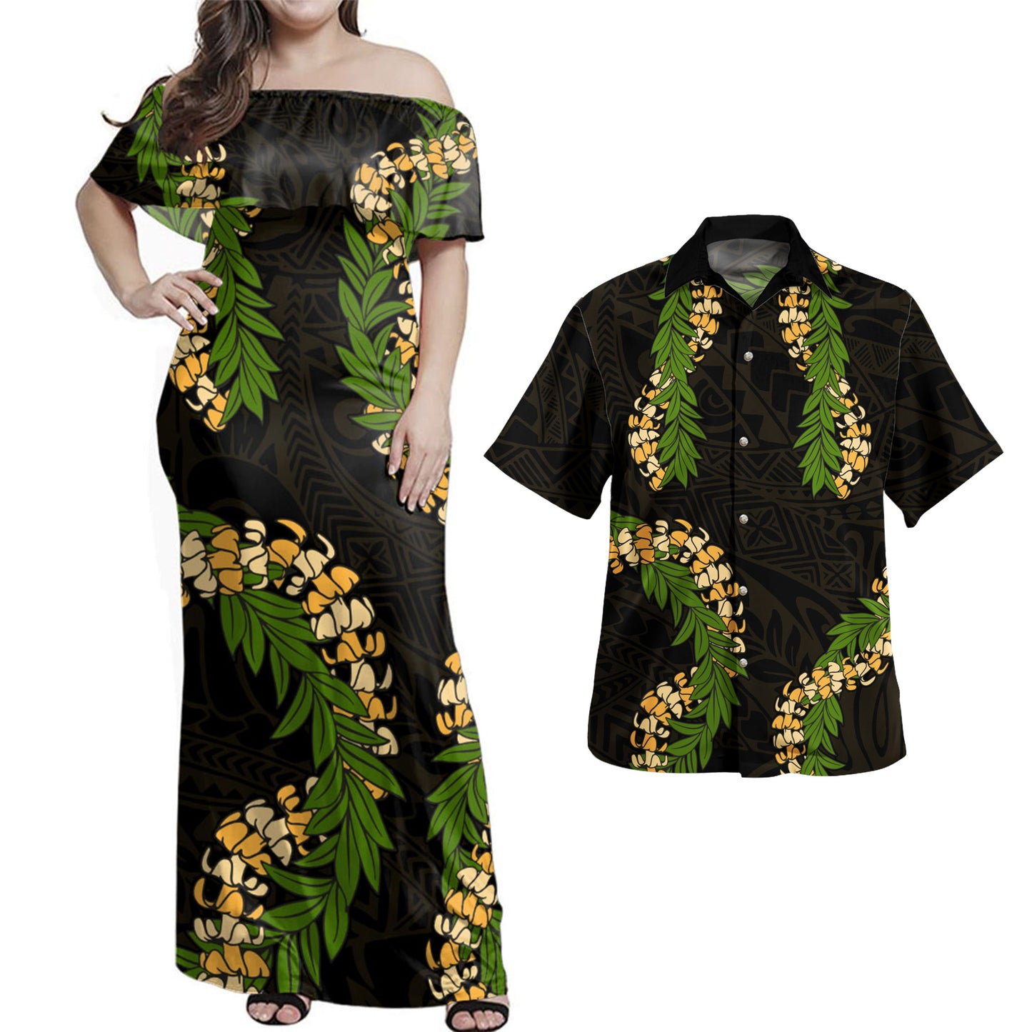 Hawaii Polynesian Combo Dress And Shirt Puakenikeni And Maile Lei Tribal Black