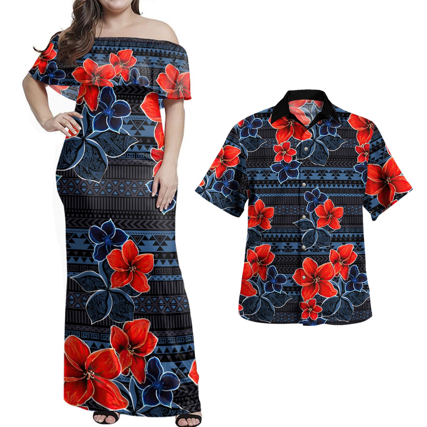 Hawaii Polynesian Combo Dress And Shirt Tropical Floral Tribal Island Style