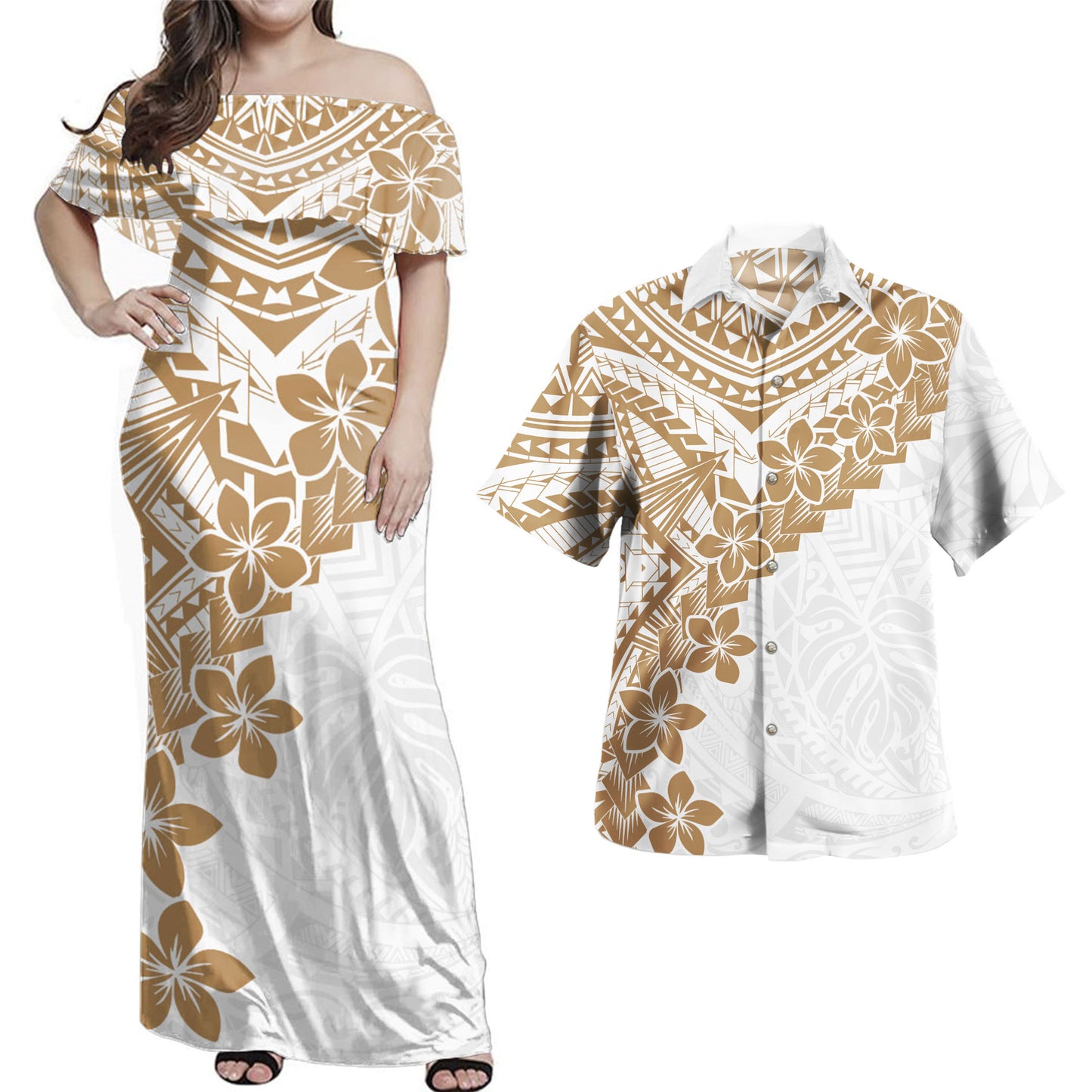 Hawaii Combo Dress And Shirt Monochrome Polynesian Tribal Bloom