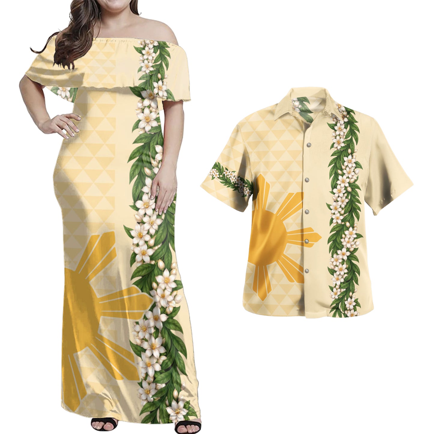 Philippines Filipinos Combo Dress And Shirt Sampaguita Flower Sun Pattern Island Style