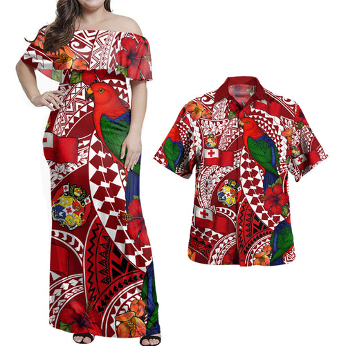 Tonga Combo Dress And Shirt Polynesian Red Shining Parrot Heilala Pattern