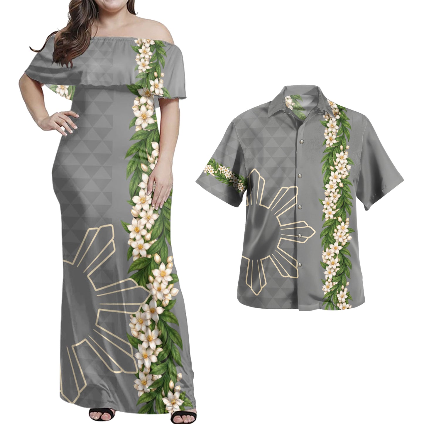 Philippines Filipinos Combo Dress And Shirt Sampaguita Flower Sun Pattern Island Style