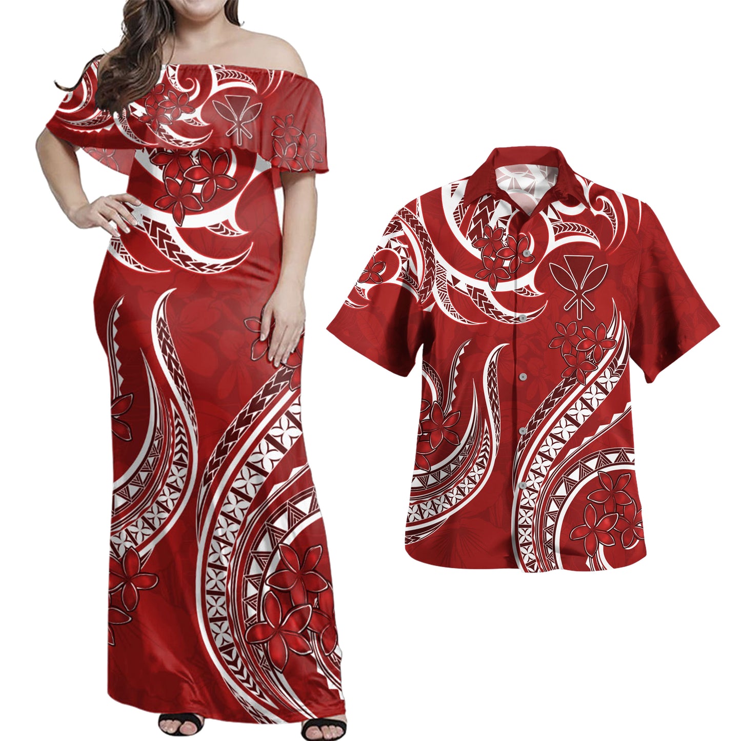 Hawaii Combo Dress And Shirt Kanaka Maoli Tribal Plumeria Print