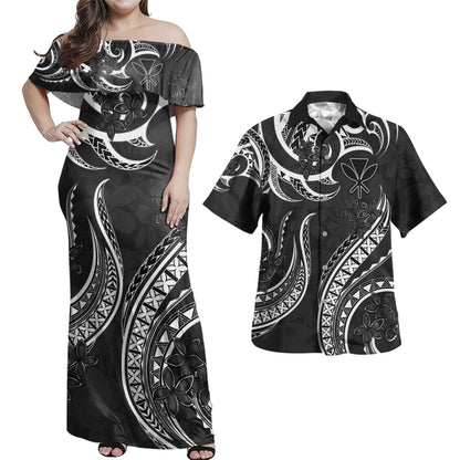 Hawaii Combo Dress And Shirt Kanaka Maoli Tribal Plumeria Print