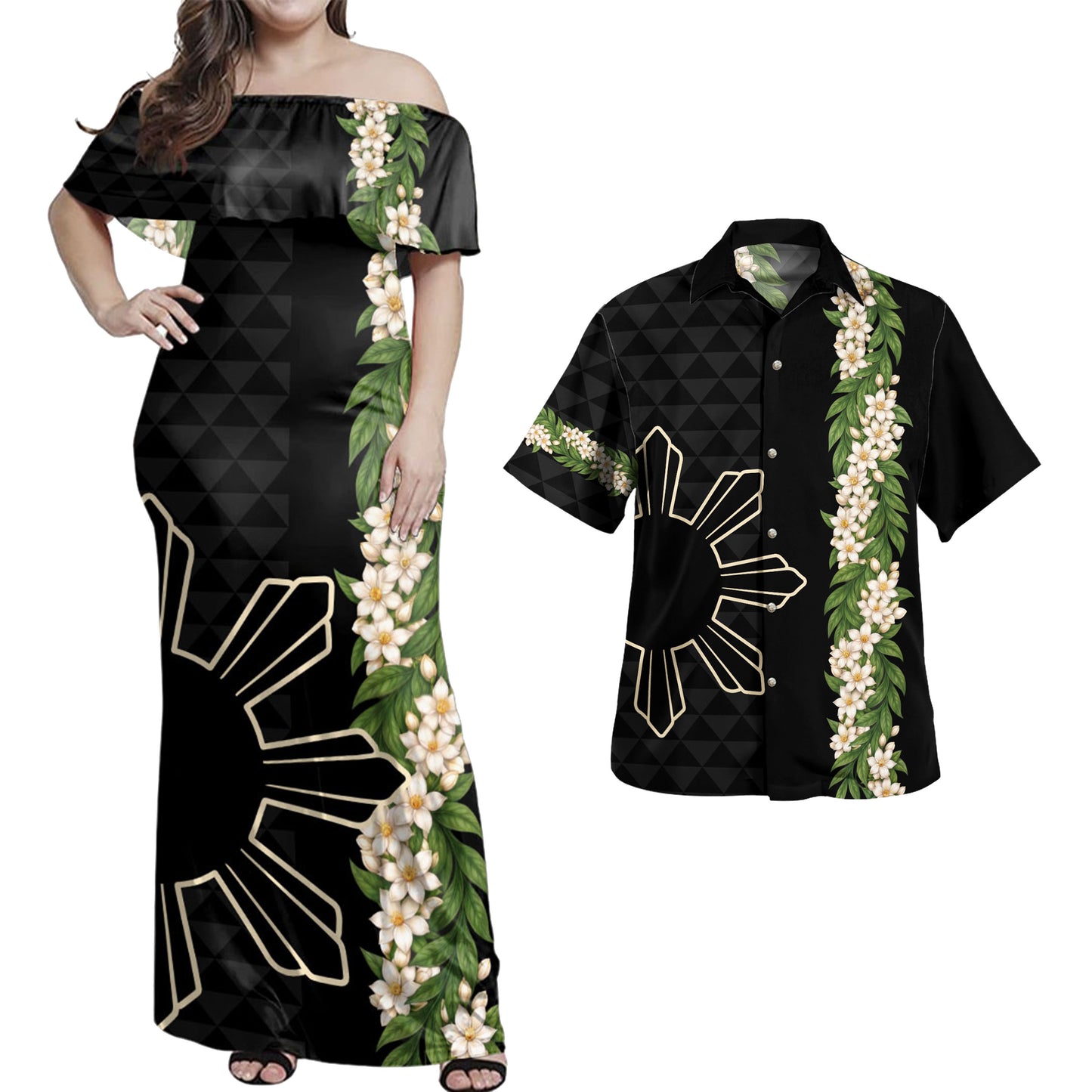 Philippines Filipinos Combo Dress And Shirt Sampaguita Flower Sun Pattern Island Style