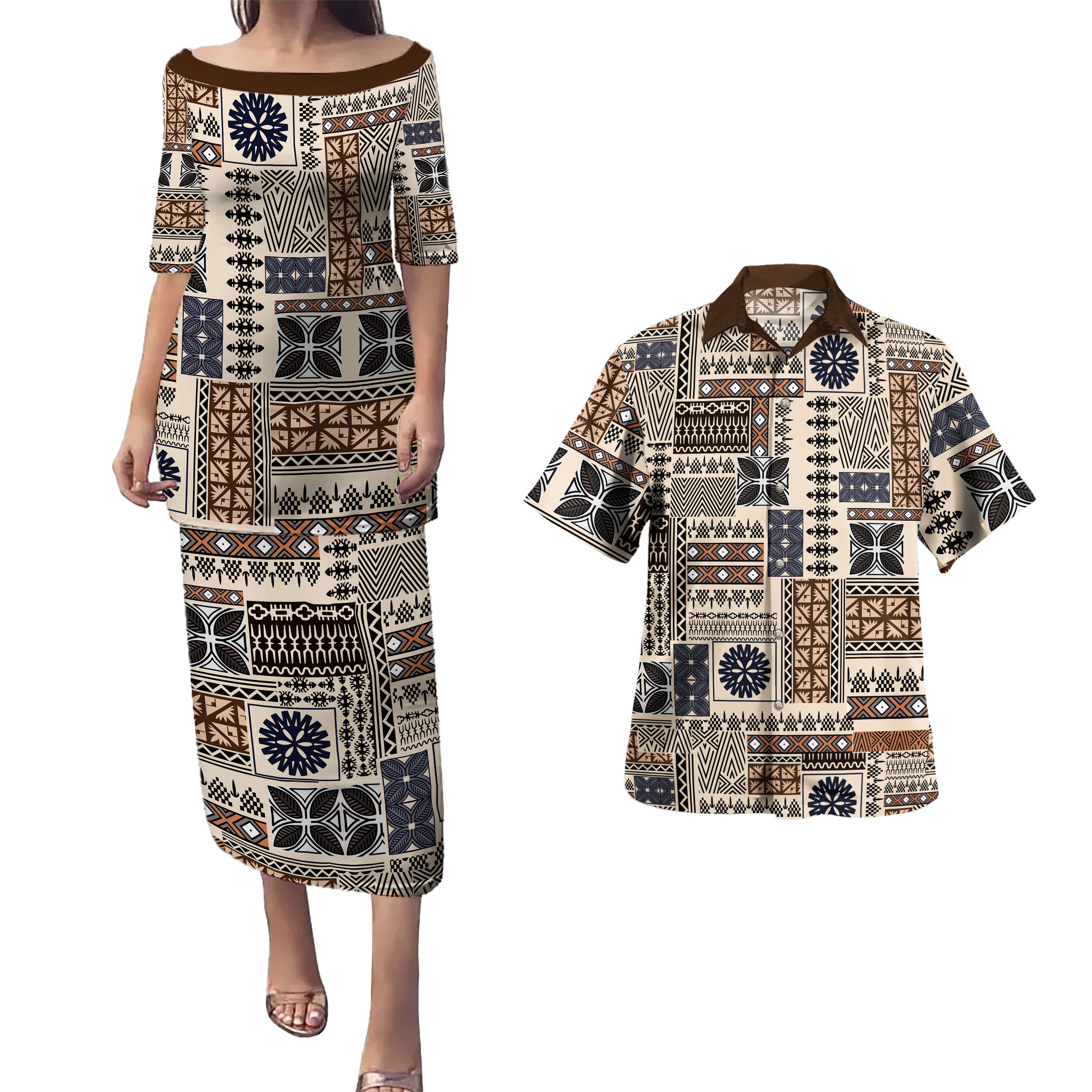 Fiji Combo Puletasi And Shirt Tapa Print Fabric | Polynesian.co