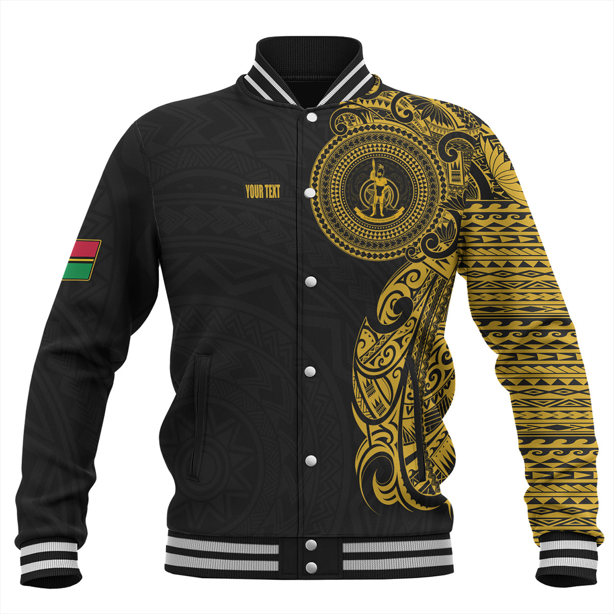 Vanuatu Baseball Jacket Custom Polynesian Half Sleeve Gold Tattoo With Seal Black