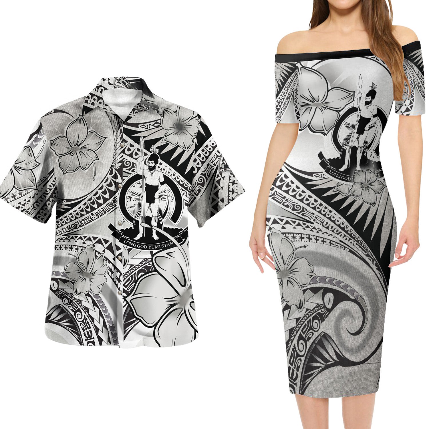 Vanuatu Combo Short Sleeve Dress And Shirt Polynesian Tribal Waves Patterns Hibiscus Flowers