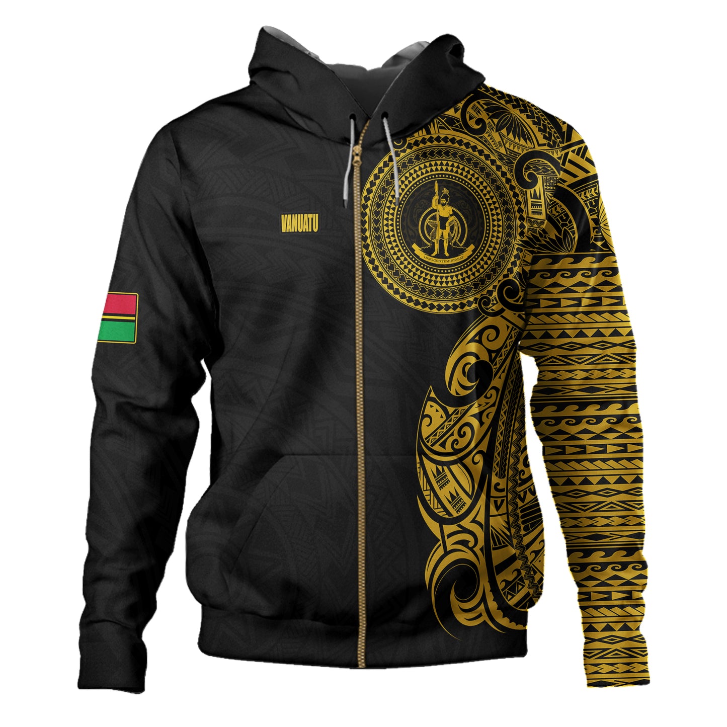 Vanuatu Hoodie Custom Polynesian Half Sleeve Gold Tattoo With Seal Black