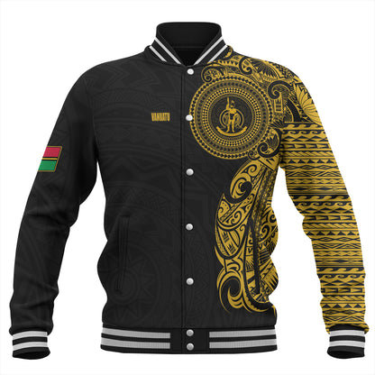 Vanuatu Baseball Jacket Custom Polynesian Half Sleeve Gold Tattoo With Seal Black