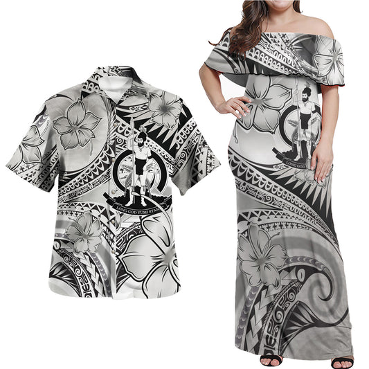 Vanuatu Combo Off Shoulder Long Dress And Shirt Polynesian Tribal Waves Patterns Hibiscus Flowers