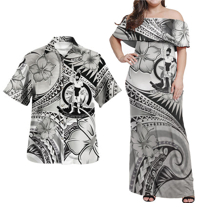 Vanuatu Combo Off Shoulder Long Dress And Shirt Polynesian Tribal Waves Patterns Hibiscus Flowers