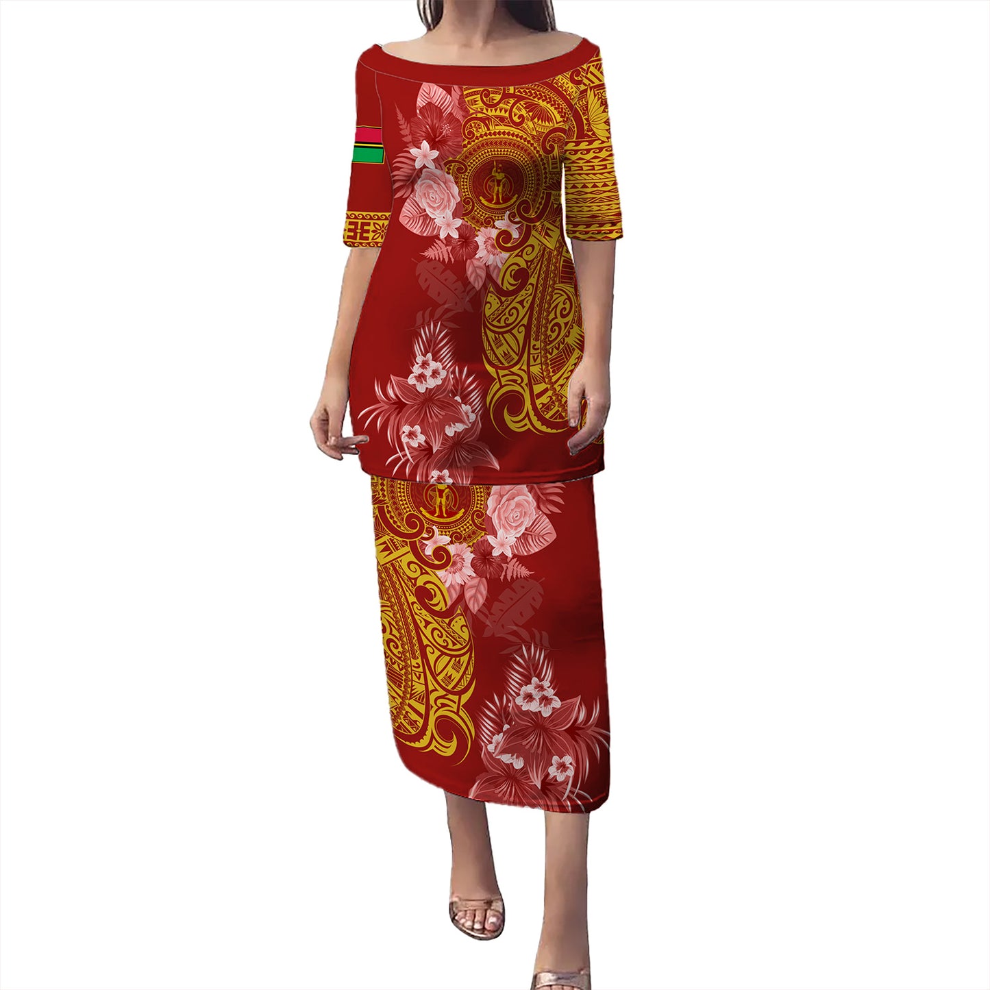 Vanuatu Combo Puletasi And Shirt Polynesian Tropical Plumeria Tribal Red