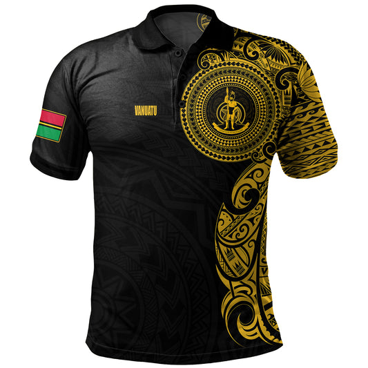 Vanuatu Polo Shirt Custom Polynesian Half Sleeve Gold Tattoo With Seal Black