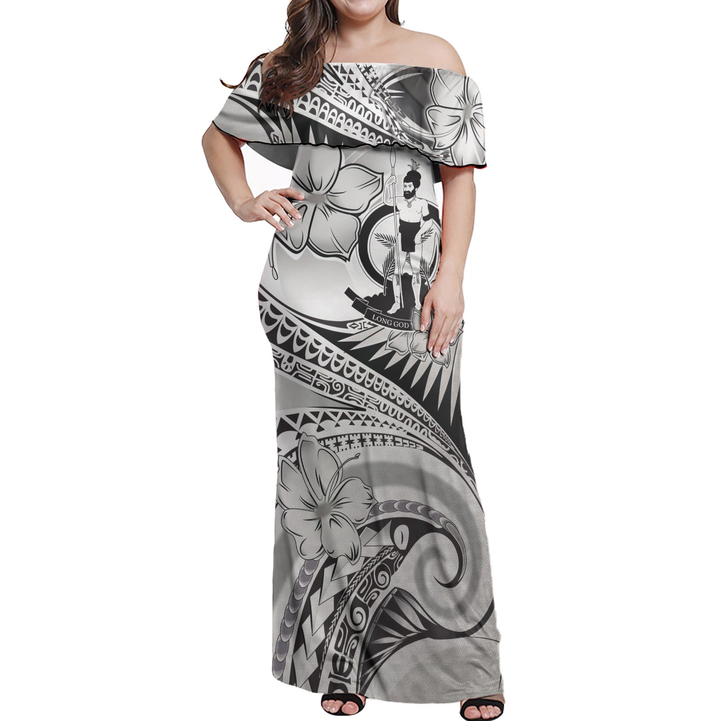 Vanuatu Combo Off Shoulder Long Dress And Shirt Polynesian Tribal Waves Patterns Hibiscus Flowers