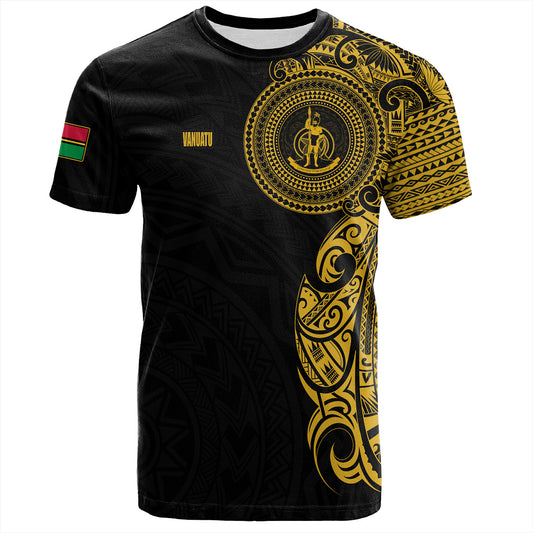 Vanuatu T-Shirt Custom Polynesian Half Sleeve Gold Tattoo With Seal Black