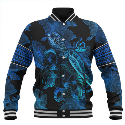 Vanuatu Baseball Jacket Sea Turtle With Blooming Hibiscus Flowers Tribal Blue
