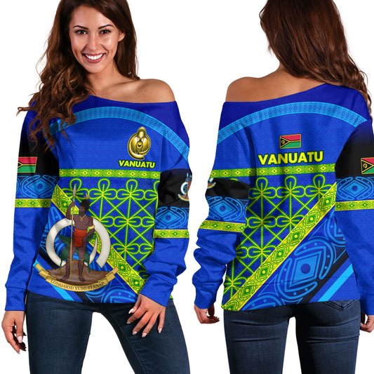 Vanuatu Off Shoulder Sweatshirt Coat Of Arms Mutis En Atan Vanuatu Cultural