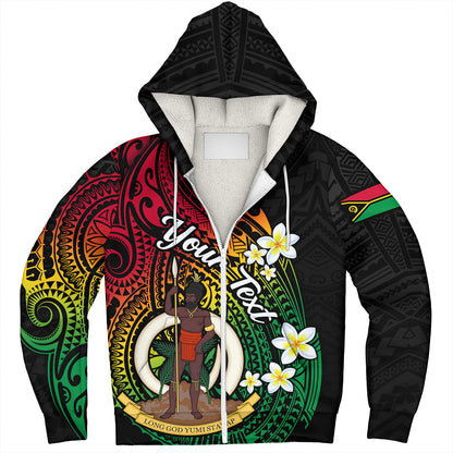 Vanuatu Sherpa Hoodie Custom Plumeria Flowers Tribal Motif Flag Color Design