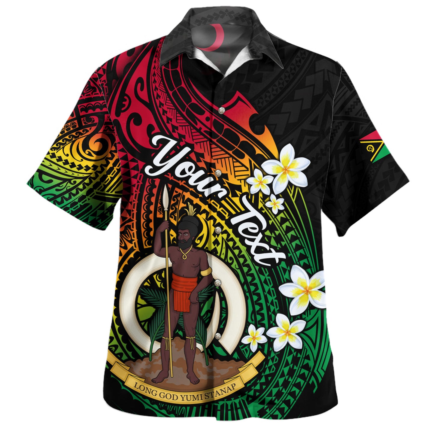Vanuatu Hawaiian Shirt Custom Plumeria Flowers Tribal Motif Flag Color Design