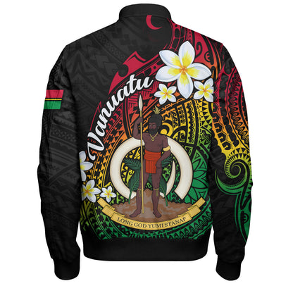 Vanuatu Bomber Jacket Custom Plumeria Flowers Tribal Motif Flag Color Design