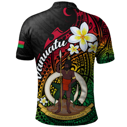 Vanuatu Polo Shirt Custom Plumeria Flowers Tribal Motif Flag Color Design