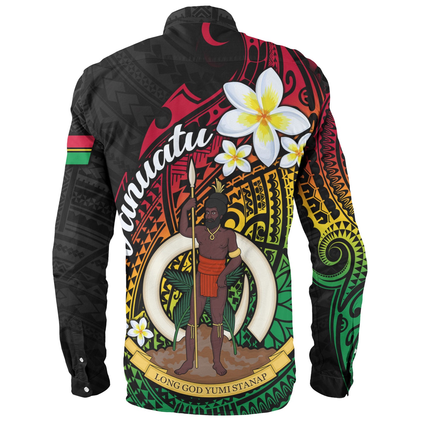 Vanuatu Long Sleeve Shirt Custom Plumeria Flowers Tribal Motif Flag Color Design