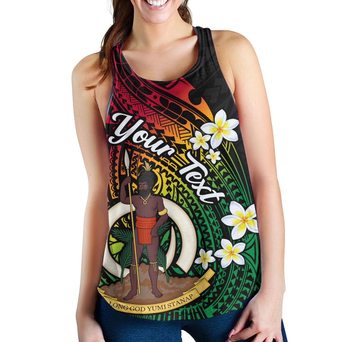 Vanuatu Women Tank Custom Plumeria Flowers Tribal Motif Flag Color Design