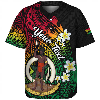 Vanuatu Baseball Shirt Custom Plumeria Flowers Tribal Motif Flag Color Design