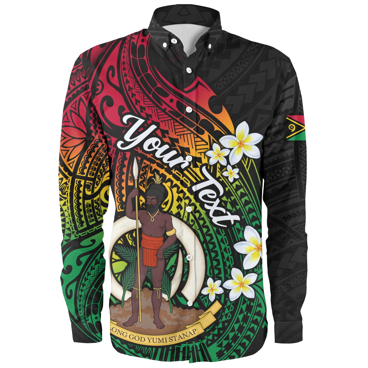 Vanuatu Long Sleeve Shirt Custom Plumeria Flowers Tribal Motif Flag Color Design
