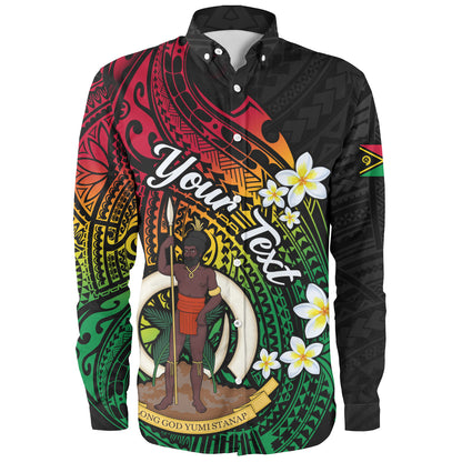 Vanuatu Long Sleeve Shirt Custom Plumeria Flowers Tribal Motif Flag Color Design