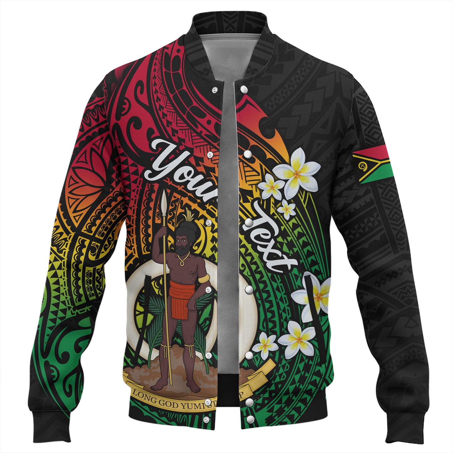 Vanuatu Baseball Jacket Custom Plumeria Flowers Tribal Motif Flag Color Design